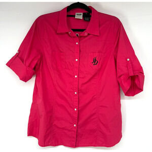Harley Davidson Shirt Womens XL Red Pearl Snap Spell Out Studded Moto Biker Chic